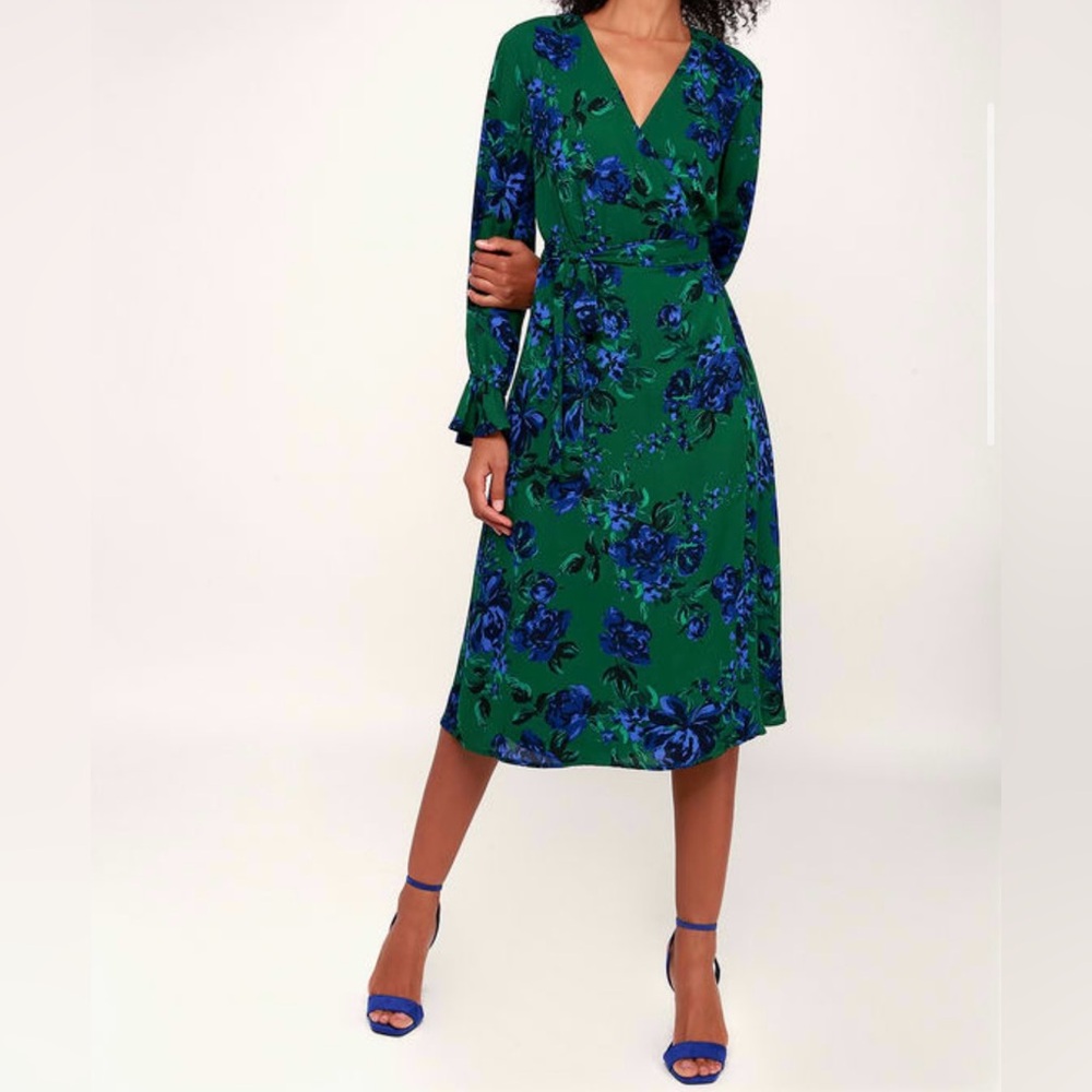 Lulus Romantic Blooms Green Floral Print Midi Wrap Dress